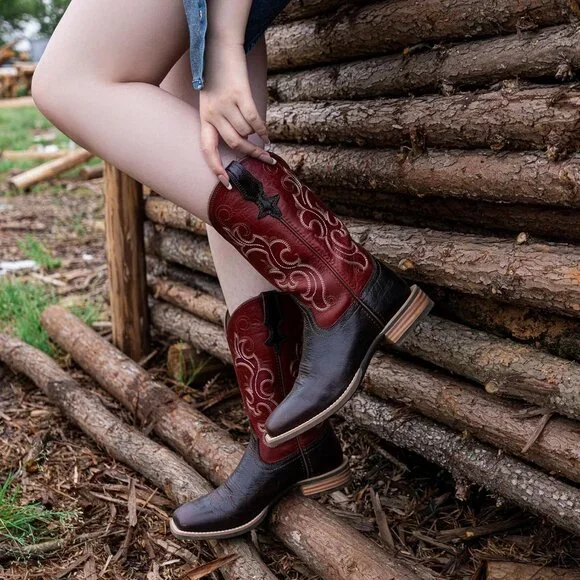 Women Square Toe Western Boots Wide Calf Cowgirl Boots Pull On Embroidered Red - Picture 8 of 9